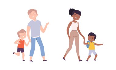 Ebeveynler ve çocuklar el ele tutuşarak yürüyorlar. Anne ve baba oğullarını beyaz arka planda izole edilmiş vektör çizimlerine götürüyorlar.