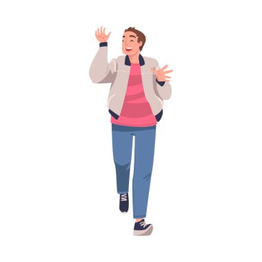 Komik Hikaye Anlatan Erkek Karakteri ve Kahkaha Sesli Gülen ve Eğlenceli Vektör İllüzyonu Yapan. Espri anlayışı olan neşeli, genç bir erkek birini eğlendiriyor.