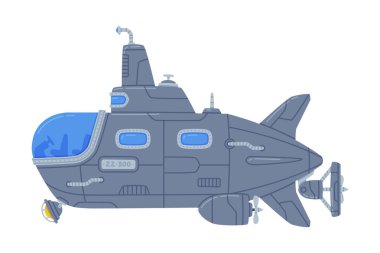 Blue Submarine Watercraft Swimming Underwater Vector Illustration. Marine Vessel Having Cylindrical Body and Sail with Periscope Concept clipart