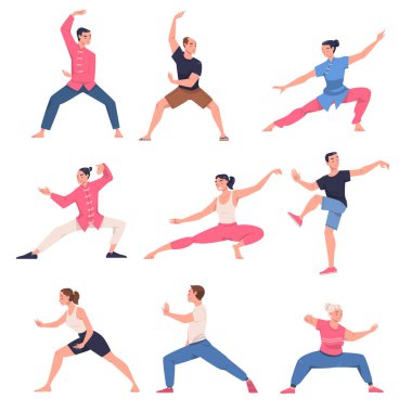 Tai Chi ve Qigong egzersizlerini Çin Dövüş Sanatları Vektör İllüstrasyonu olarak uygulayan insanlar. Genç Adam ve Kadın Akıcı Savunma Hareketiyle Fiziksel Fitness Yapıyor
