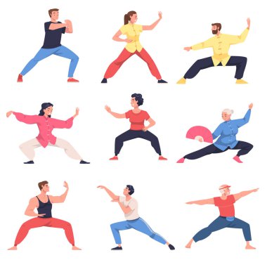 Tai Chi ve Qigong egzersizlerini Çin Dövüş Sanatları Vektör İllüstrasyonu olarak uygulayan insanlar. Genç Adam ve Kadın Akıcı Savunma Hareketiyle Fiziksel Fitness Yapıyor