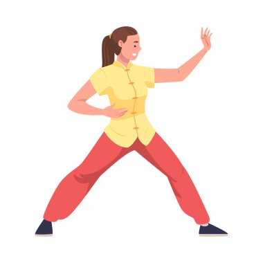 Tai Chi ve Qigong egzersizlerini Çin Dövüş Sanatları Vektörü İllüstrasyonu olarak uygulayan kadın karakter. Genç Kadın Akıcı Hareket Konseptiyle Fiziksel Fitness Yapıyor