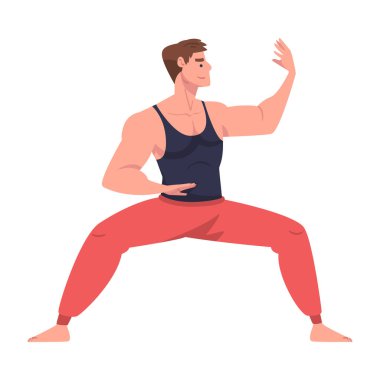 Tai Chi ve Qigong egzersizlerini Çin Dövüş Sanatları Vektörü İllüstrasyonu olarak uygulayan bir erkek karakteri. Genç Erkek Akıcı Hareket Konseptiyle Fiziksel Fitness Yapıyor