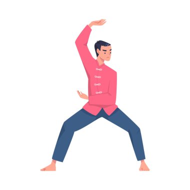 Tai Chi ve Qigong egzersizlerini Çin Dövüş Sanatları Vektörü İllüstrasyonu olarak uygulayan bir erkek karakteri. Genç Erkek Akıcı Hareket Konseptiyle Fiziksel Fitness Yapıyor