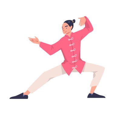 Tai Chi ve Qigong egzersizlerini Çin Dövüş Sanatları Vektörü İllüstrasyonu olarak uygulayan bir erkek karakteri. Genç Erkek Akıcı Hareket Konseptiyle Fiziksel Fitness Yapıyor