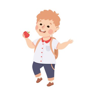 Sırt çantalı küçük çocuk ayakta duruyor ve dostça iletişim vektörü illüstrasyonuna tutulmuş biriyle konuşuyor. Sevimli Çocuk Haberleri Paylaşan ve Muhabbet Konseptiyle Eğlenen Birisiyle Konuşuyor