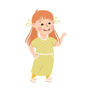 Küçük kız ayakta dikilip, dostça iletişim vektörü illüstrasyonuna tutulmuş biriyle konuşuyor. Sevimli Çocuk Haberleri Paylaşan ve Muhabbet Konseptiyle Eğlenen Birisiyle Konuşuyor