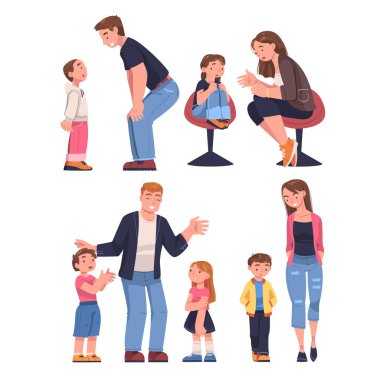 Anne ve Baba, Çocuklarını Destekleyen ve Sakinleştiren Vektör Seti ile Konuşuyor. Genç Ebeveynler Çocuk Konseptiyle İletişim ve Sohbet Ettiler