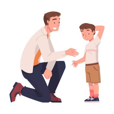 Father Talking to His Puzzled Son Supporting and Soothing Him Vector Illustration. Young Parent Engaged in Conversation and Communication with His Kid Concept clipart