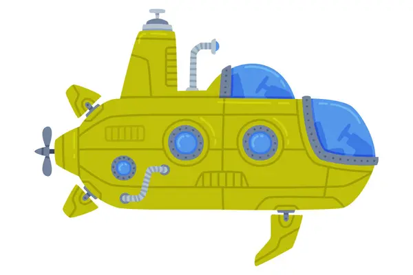 stock vector Green Submarine Watercraft Swimming Underwater Vector Illustration. Marine Vessel Having Cylindrical Body and Sail with Periscope Concept