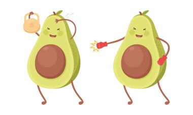 Spor seti yapan sevimli avokado. Boks eldivenlerinde komik sağlıklı besleyici eğitim ve beyaz arka planda izole edilmiş kettlebell vektör çizimi kaldırma