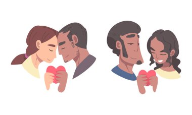 Romantik çiftler. Beyaz arkaplanda izole edilmiş bir şekilde birbirine bakan erkek ve kadın portreleri.