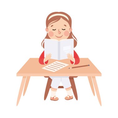 Fotokopi kitabıyla masada oturan küçük kız öğrenci ilköğretim vektörü illüstrasyonuna girdi. Masadaki Küçük Çocuk, Öğrenme Süreci Konsepti Olarak Sınıfta Dersler Hakkında Bilgi Ediniyor