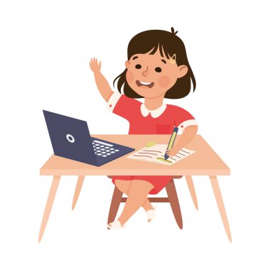 Küçük Öğrenci Kız Laptop ve Yükselen Elle Masada Oturuyor İlköğretim Eğitimi Vektör İllüzyonuna Bağlandı. Sınıftaki Küçük Çocuk Öğrenme Süreci Olarak Sınıfta Ders Alma Bilgisi Ediniyor