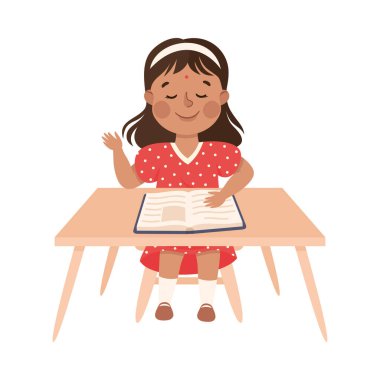 Küçük Hintli Öğrenci Kız İlköğretim Vektörü İllüstrasyonuyla İlköğretim Kitabı ile Masada Oturuyor. Masadaki Küçük Çocuk, Öğrenme Süreci Konsepti Olarak Sınıfta Dersler Hakkında Bilgi Ediniyor