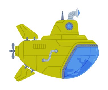 Green Submarine Watercraft Swimming Underwater Vector Illustration. Marine Vessel Having Cylindrical Body and Sail with Periscope Concept clipart