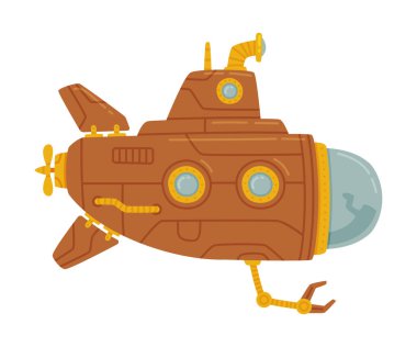 Brown Submarine Watercraft Swimming Underwater Vector Illustration. Marine Vessel Having Cylindrical Body and Sail with Periscope Concept clipart