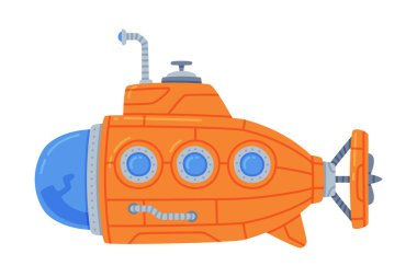 Red Submarine Watercraft Swimming Underwater Vector Illustration. Marine Vessel Having Cylindrical Body and Sail with Periscope Concept clipart