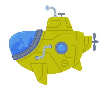 Green Submarine Watercraft Swimming Underwater Vector Illustration. Marine Vessel Having Cylindrical Body and Sail with Periscope Concept clipart