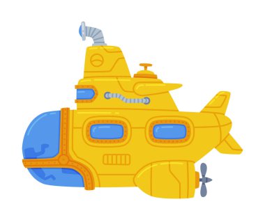 Sarı Denizaltı Su Gemisi Su Altında Yüzme Vektör Resimleri. Periskop Konseptli Denizci Gemisi Silindirik Gövdeye ve Yelkenliye Sahip