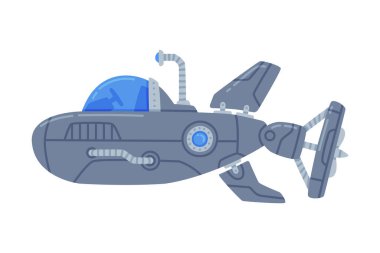 Mavi Denizaltı Su Gemisi Sualtı Vektör İllüzyonu. Periskop Konseptli Denizci Gemisi Silindirik Gövdeye ve Yelkenliye Sahip