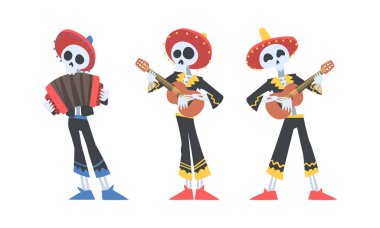 İskelet giyip dans eden ve gitar çalan Meksikalı insanlar. Ölü Gün 'deki Meksikalı iskelet partisi beyaz arkaplanda izole edilmiş vektör çizimi