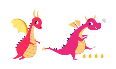 Şirin bebek ejderhalar seti. Komik, küçük dinozorlar, peri masalı yaratıkları beyaz arka planda izole edilmiş vektör çizimleri.