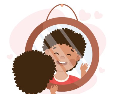 Self-love with Little Boy Looking in Mirror Admiring Himself Loving His Appearance Vector Illustration. Cute Kid Enamored with His Face and Body Fulfilled with Proudness and Self-esteem Concept clipart