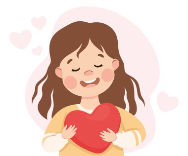 Küçük Kız Tutucu Yürek 'le kendini sevmek Görünüşünü Sevmek Vektör İllüzyonu. Yüzüne ve vücuduna hayran Sevimli Çocuk Gurur ve Kendine Saygı Konseptiyle Dolu