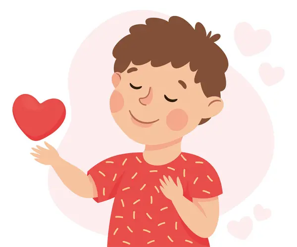 stock vector Self-love with Little Boy Sending Heart Admiring Himself Loving His Appearance Vector Illustration. Cute Kid Enamored with His Face and Body Fulfilled with Proudness and Self-esteem Concept