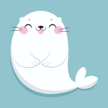 Beyaz Kürk Yüzme ve Mavi Arkaplan Vektör Resimlerinde Gülümseyen Şirin Mühür. Bıyıklı Su Canavarı rolünde komik deniz memelisi