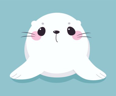 Mavi Arkaplan Vektör Resimlerinde Beyaz Kürklü Şirin Mühür. Bıyıklı Su Canavarı rolünde komik deniz memelisi