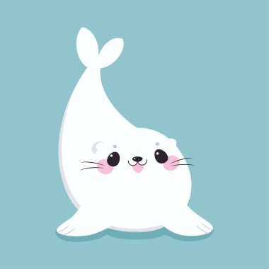 Mavi Arkaplan Vektör Resimlerinde Beyaz Kürklü Şirin Mühür. Bıyıklı Su Canavarı rolünde komik deniz memelisi