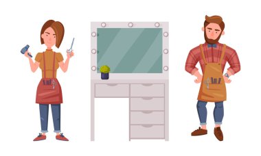 Profesyonel berberler, masa ve büyük ayna. Kuaför iş yeri çizgi film vektör çizimi beyaz arkaplanda izole