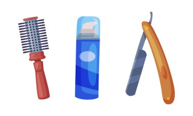 Tıraş köpüğü şişesi, saç fırçası ve jilet. Profesyonel kuaför aletleri ve berber, beyaz arka planda izole edilmiş vektör çizimi sağlar.