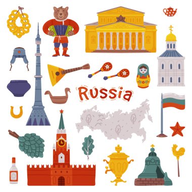 Rusya Sembolleri ve Büyük Tiyatro ve Kremlin Duvar Vektör Kümesi. Rus Ülkesi Geleneksel Özniteliği ve Tarihi Konsepti