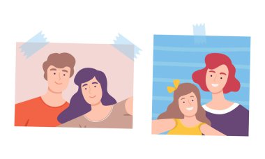 Duvara iğnelenmiş neşeli insanların fotoğrafları. Anne ve kızının selfie portreleri ve beyaz arkaplanda izole edilmiş mutlu çift vektör çizimleri.