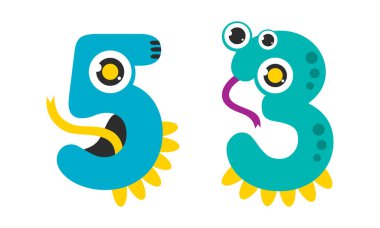 Sevimli canavar numaraları. Beyaz arkaplanda izole edilmiş komik turkuaz canavar karikatür vektör çizimi şeklinde 5, 3 numara.