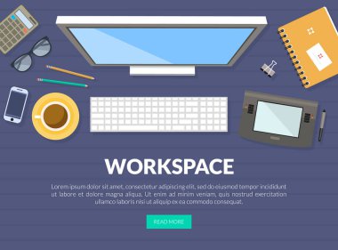 Masa Üstü Masa Vektör Şablonu Görünümünde Nesnelerin gösterildiği Çalışma Alanı Afişi. Bilgisayar, Not Defteri ve Kahve Kupalı İşyeri Organizasyonu