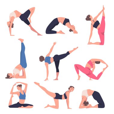 Yoga Çalışan Genç Kadın Asanas Esneme Vücut Farklı Poz Vektör Seti 'nde Duruyor. Bükülen ve Dengelenen Duruşta Esnek Kadın