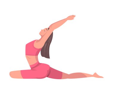 Yoga yapan genç kadın Asana ya da Poz Uzatma Vücut Vektörü İllüstrasyonu. Esnek Kadın Fiziksel Egzersiz Yapıyor