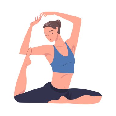 Yoga yapan genç kadın Asana ya da Poz Germe Vücut Vektörü İllüstrasyonu. Esnek Kadın Fiziksel Egzersiz Yapıyor