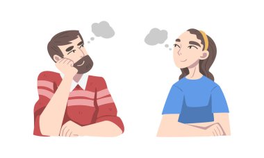 Beyaz arka planda izole edilmiş, konuşma baloncukları, çizgi film vektör illüstrasyonları ve düşünce ve planlama genç adam ve kadın hayal