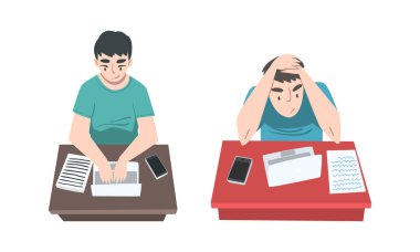 Erkek yazarlar yazı seti hazırlıyor. Dizüstü bilgisayarda yazan serbest yazarlar beyaz arkaplanda izole edilmiş vektör çizimi