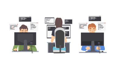 Bilgisayarlarla çalışan programcılar. Yazılım geliştiricileri beyaz arkaplanda izole edilmiş çizgi film vektör illüstrasyonu yazıyorlar