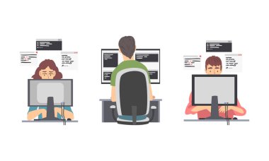 Bilgisayarlar üzerinde çalışan programcılar veya serbest çalışanlar, beyaz arkaplanda izole edilmiş çizgi film vektör illüstrasyonunu ayarladılar