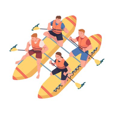 Erkek ve Kadın Karakter Rafting Şişirilebilir Raft Kürek ve Su Sporu Vektörü İllüstrasyonunda Kürek Çekiyor. Genç Erkek ve Kadın Hayat Kurtaran Yelek Gezintisinin Keyifli Dış Etkinliği