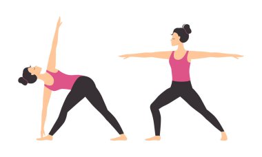 Yoga seti yapan kız. Savaşçı ve üçgen pratiği yapan genç bir kadın beyaz arka planda izole edilmiş vektör çizimi yapıyor.