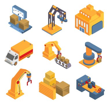 Robot makine sembolleri ve ok resimleriyle Isometric fabrika akış şeması