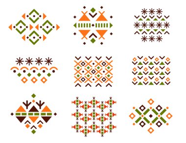 Şirin koleksiyonu etnik desenler. Geometrik ve Aztek dekor öğeleri. Trendy arka planlar ve Logotype. Vektör. İzole.